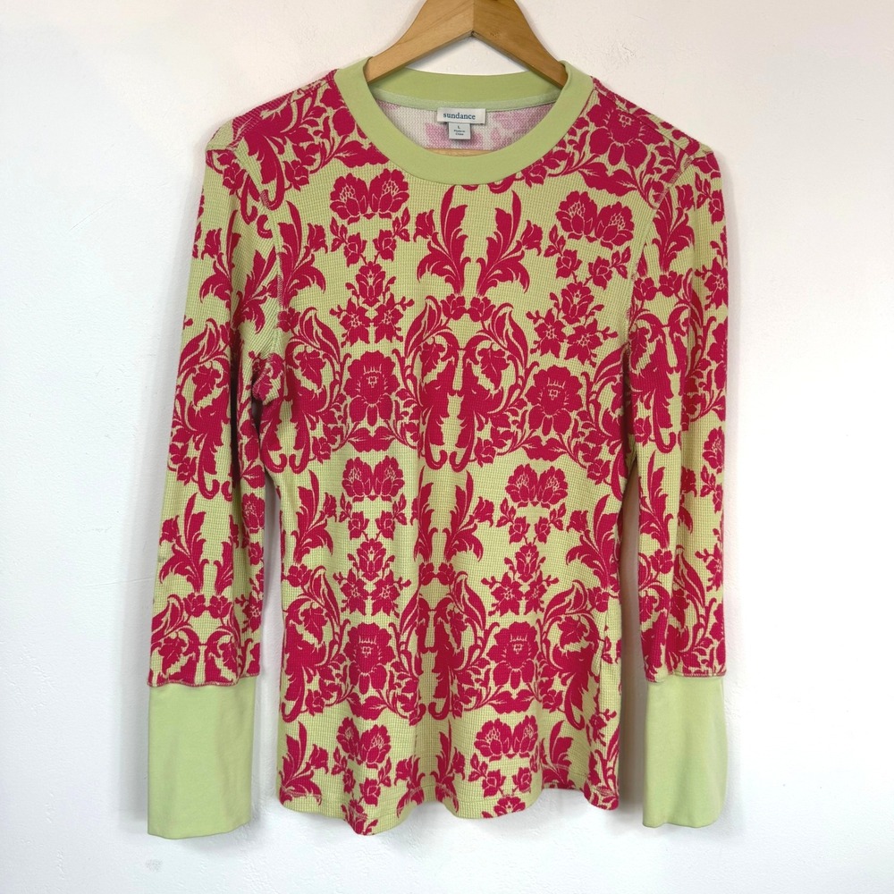 Sundance Floral Thermal Top M Pink Chartreuse Green Damask Waffle Knit Boho